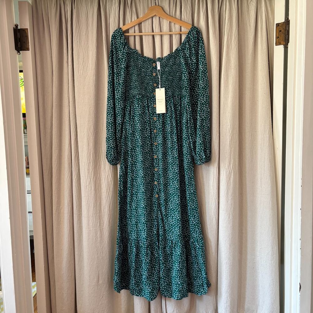 Modest Green Floral Smocked Cottagecore Maxi Dress Button Front NWT Size M - Picture 3 of 8